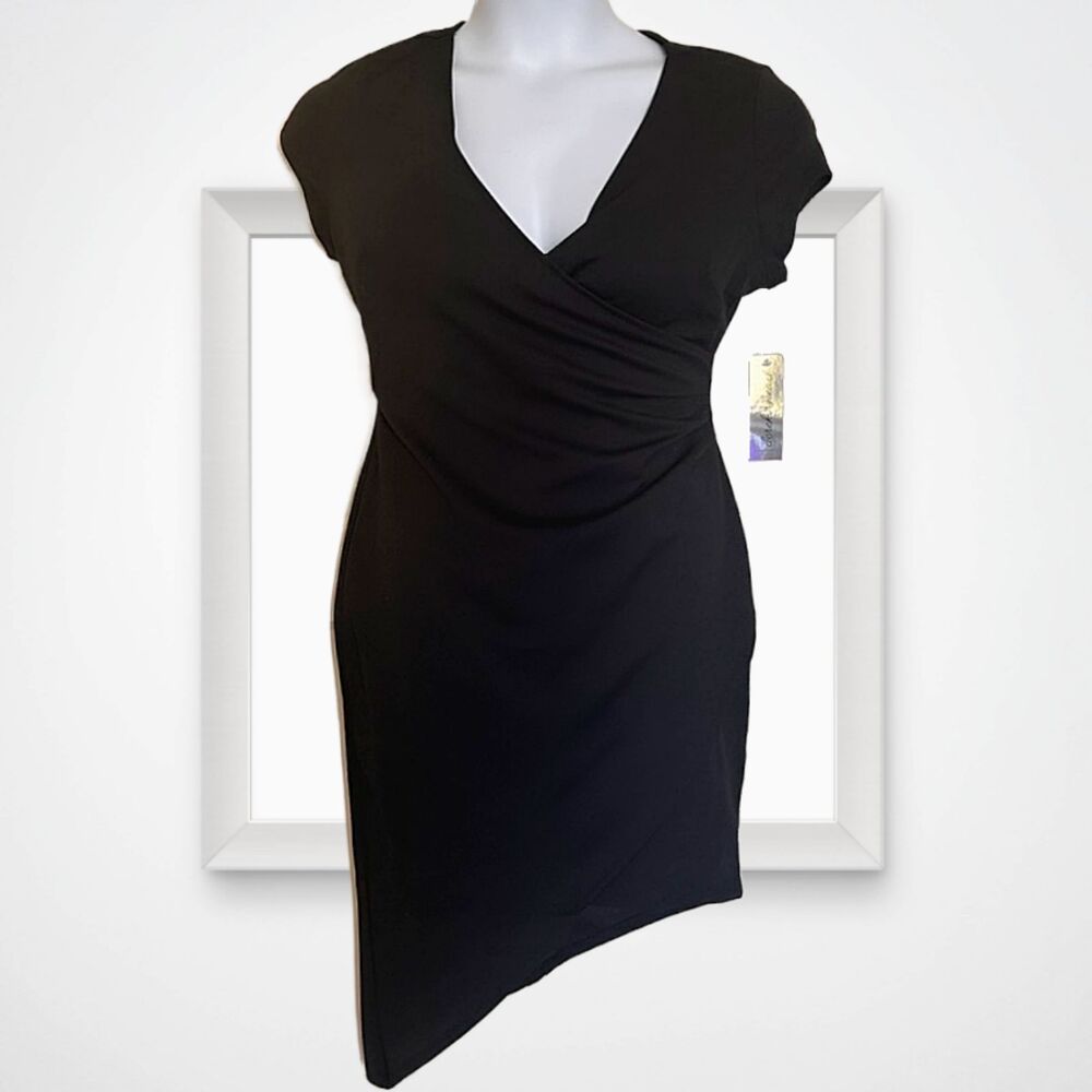 BLACK BODYCON ASYMMETRICAL RUCHED DRESS SURPLICE NECKLINE SIZE LARGE